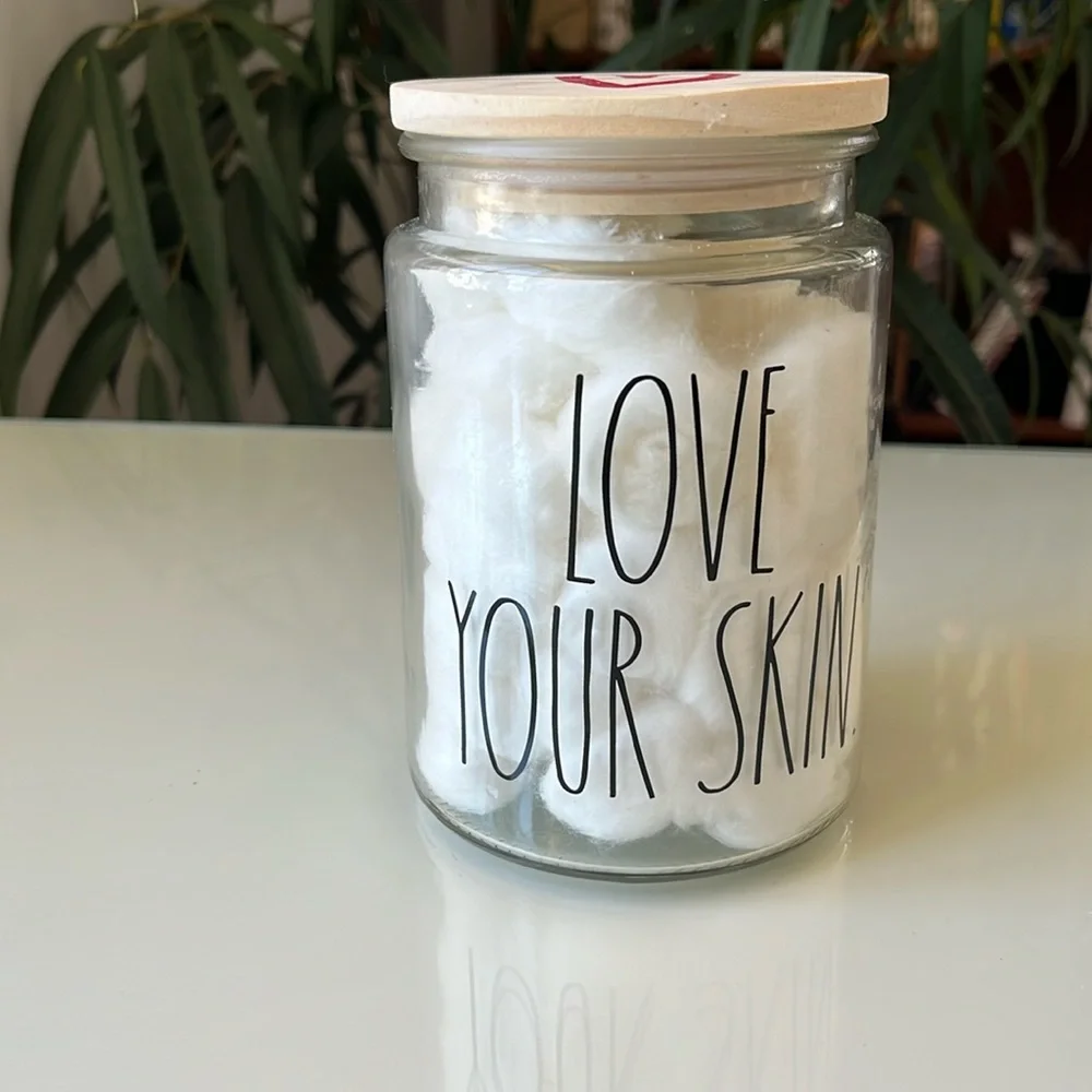 Rae Dunn Love Your Skin Bathroom QTip Cotton Ball Jar Organizer